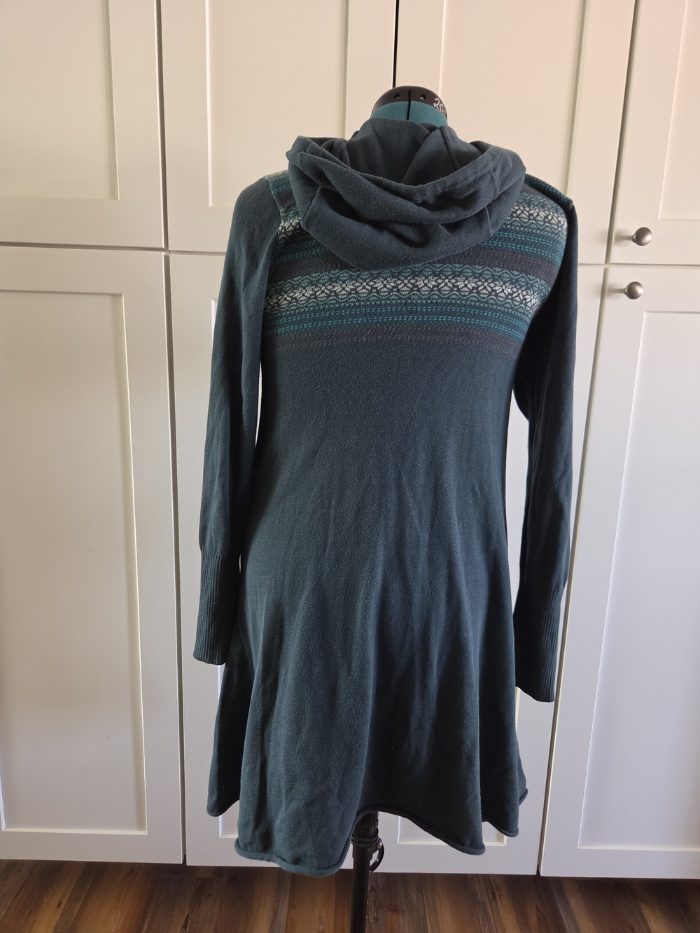 Teal Hooded Knit Dress with Fair Isle Detail - Picture 3 of 8